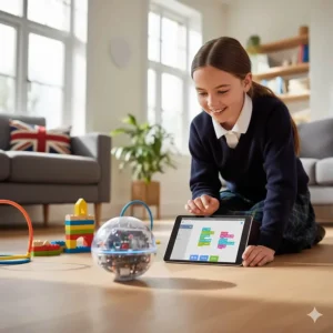 A spherical app-enabled coding toy being steered through an obstacle course on a wooden floor.