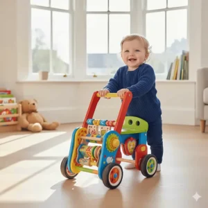 A colourful baby push-along walker and ride-on toy suitable for indoor play.