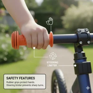 Illustration of rubber handlebar safety grips and a steering limiter to prevent over-turning.