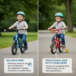 Infographic comparing a balance bike to a traditional small bicycle with stabilisers.