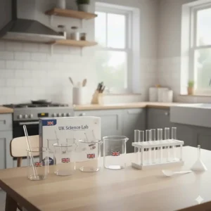 High-quality plastic beakers, test tubes, and a stirring rod included in a beginner chemistry set for 11 year olds.