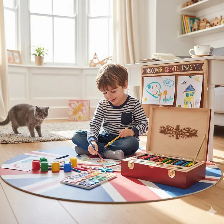A young child sitting on a rug in a sunlit British living room using a premium art set for a 4 year old with watercolour paints and chunky pencils. art set for 4 year old
