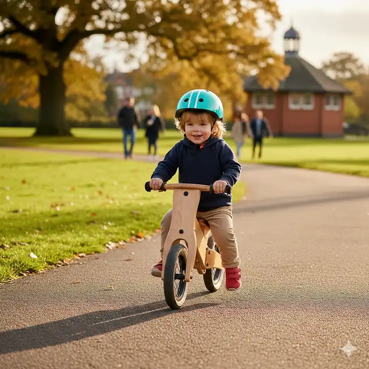 A 3 year old toddler wearing a safety helmet riding a wooden balance bike on a paved path in a British park. balance bike for 3 year old