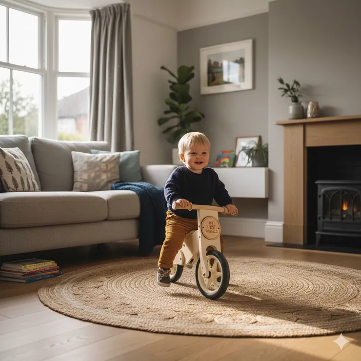 A toddler enjoying the best first ride on toy in a bright UK living room. best first ride on toy uk