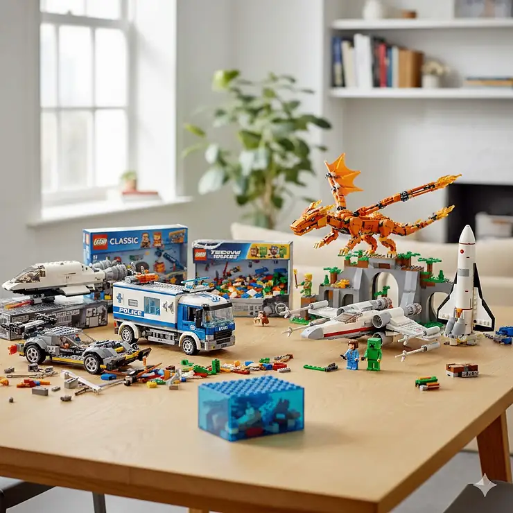A selection of popular LEGO sets for a 7 year old boy, including City, Ninjago, and Star Wars themes on a wooden table. lego sets for 7 year old boy