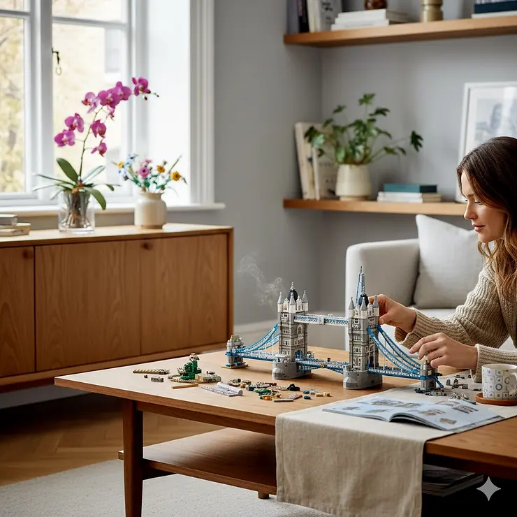 Alt text for image 1: A woman in a cosy British living room meticulously assembling a Lego Tower Bridge model on a wooden coffee table. lego sets for adults