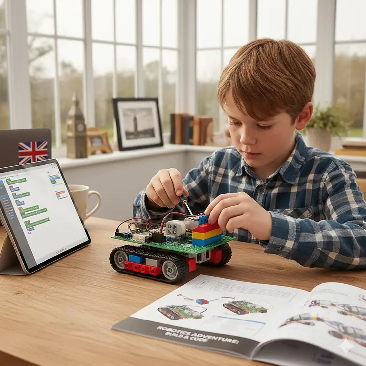 A 10 year old child in a UK home setting using a small screwdriver to assemble a programmable STEM robot kit. robot kit for 10 year old