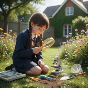 A bug-hunting kit with a magnifying glass and a portable microscope for outdoor nature exploration.