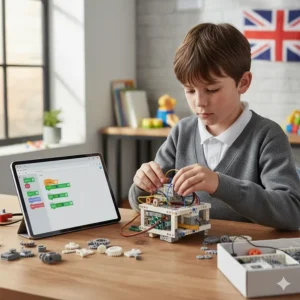 A 9-year-old child assembling a motorised robot using a modular coding kit and a tablet.