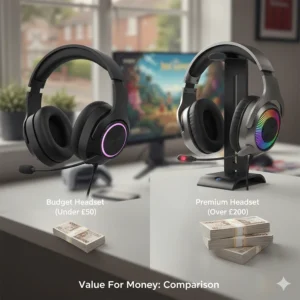 A side-by-side comparison of a budget gaming headset under £50 and a premium model to highlight value for money.