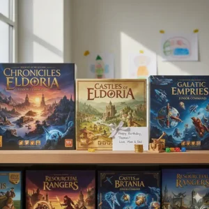 A curated shelf of popular strategy board games suitable for a 10-year-old’s birthday gift.