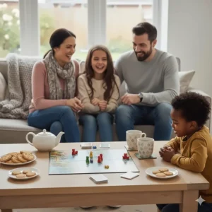 A classic board game set up on a coffee table with a mug of tea nearby, ready for a traditional British family game night.