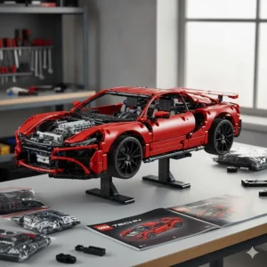 Alt text for image 3: A high-detail Lego Technic red supercar model kit displayed on a workshop table with its internal engine components visible.