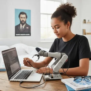 An illustration showing a teen connecting a microcontroller to a computer to programme a robotic arm.