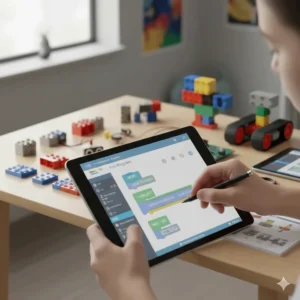 A tablet screen showing a block-based coding programme used to control a custom DIY robot kit.