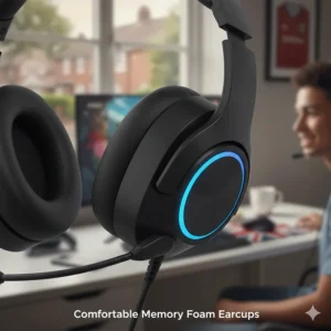 A close-up shot of soft memory foam ear cushions on a gaming headset designed for comfort during long sessions.