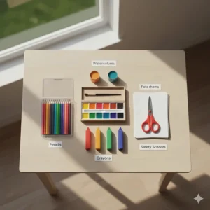 A comprehensive art set for a 4 year old displayed on a wooden table featuring a variety of colourful pencils, washable paints, and safety scissors.