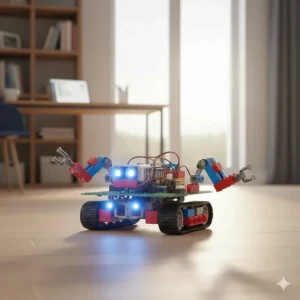 A fully assembled tracked robot kit featuring LED lights and moving arms, ready for play on a desk.