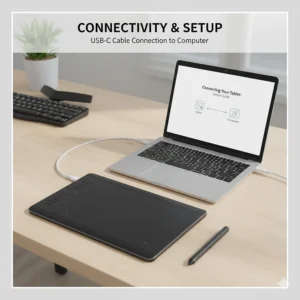 Alt text for image 5: A simple guide showing a USB-C cable connecting a drawing tablet to a desktop computer or Mac.