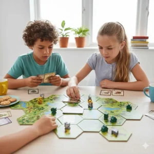 Two children aged 10 working together to solve a puzzle-based cooperative strategy board game.