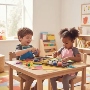 Two young children sharing a large craft kit and art set for a 4 year old while playing together in a modern nursery setting.