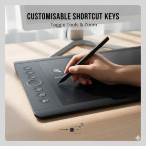 Alt text for image 9: Close-up of a digital drawing tablet’s express keys being used to quickly toggle tools and zoom in.