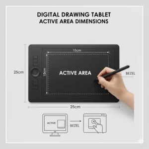Alt text for image 8: A diagram highlighting the active drawing area of a tablet compared to its overall physical size.