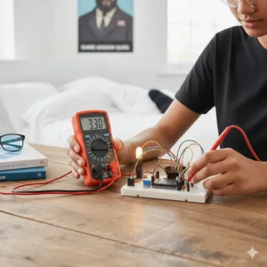 A close-up of a digital multimeter being used by a teenager to test voltage on a home-made circuit board.