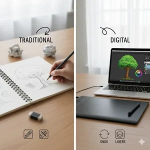 Alt text for image 2: A side-by-side comparison of a traditional sketchbook and a digital drawing tablet showing the benefits of undo buttons and layers.