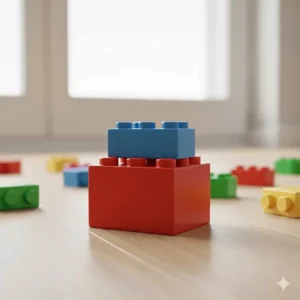 A top-down view showing how smaller Lego Classic bricks can be attached directly onto the larger studs of Lego Duplo bricks for compatible play.