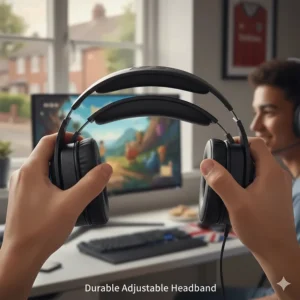 Hands demonstrating the flexibility of a durable, adjustable headband on a gaming headset for teens.
