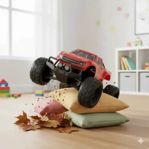 A sturdy red RC car for 6 year old beginners jumping over a small wooden ramp in a garden.