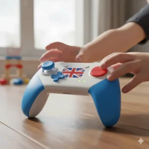 Close-up of a child’s hands holding a simple white remote control with a small Union Jack detail.