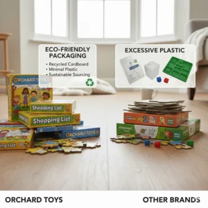 Comparison of recycled board packaging from Orchard Toys versus excessive plastic packaging often found in other toy brands.