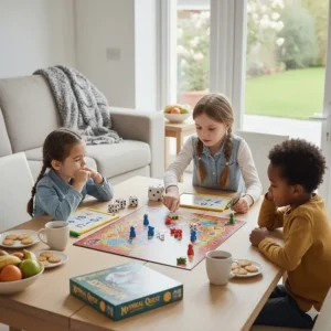 Photorealistic illustration of a fun numeracy-based board game helping Year 2 children practice basic maths skills.