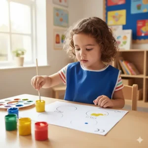 An educational art set for a 4 year old being used to teach a young child about colour mixing and basic shapes.