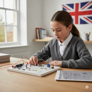 An electronics starter set with colourful sensors and buzzers for 9-year-olds to learn circuit building.