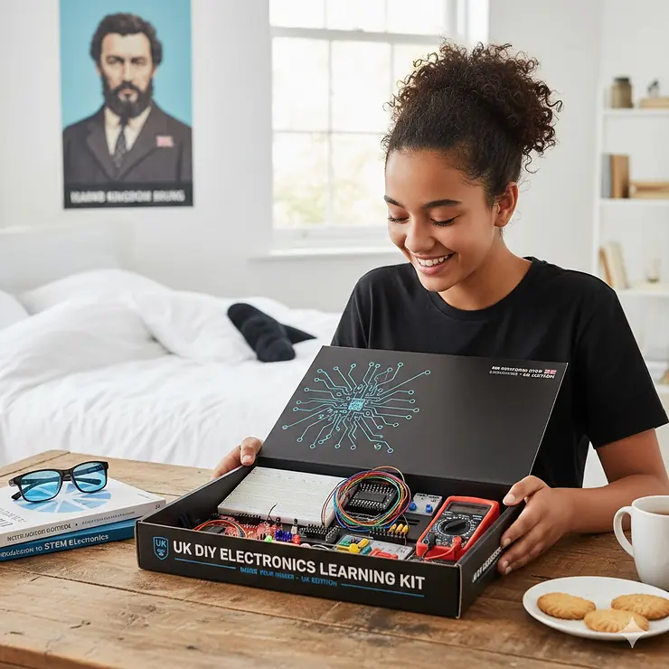 A teenage student opening a comprehensive electronics learning kit featuring a breadboard, LEDs, and UK-style components on a wooden desk. electronics learning kit teens