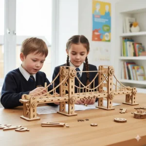 A detailed wooden bridge model constructed using a mechanical engineering set for primary school children.