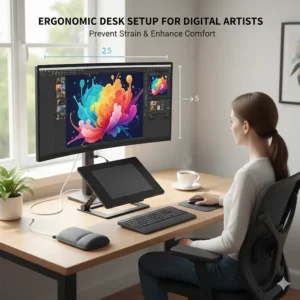 Alt text for image 6: An illustration of an ergonomic workstation with a drawing tablet tilted on a stand to prevent wrist strain.