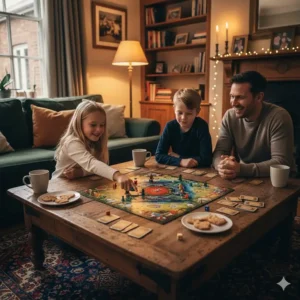 A British family including a 10-year-old child enjoying a competitive tabletop strategy game in a cosy living room.