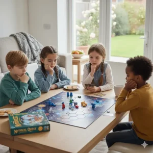 A group of children thinking deeply over a tactical strategy board game designed for ages 6 and up in a modern British home.