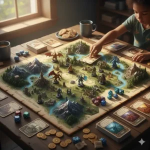 Detailed illustration of a fantasy-themed strategy game board with miniatures and colourful cards for ten-year-olds.