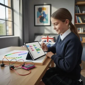 A young girl wearing a school jumper interacting with a creative coding kit to design digital art.