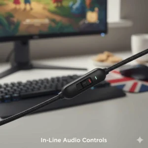 A detailed view of in-line audio controls featuring a volume wheel and mute switch on a durable braided cable.