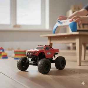 A bright red remote control car for beginners, featuring chunky black tyres suitable for various surfaces.