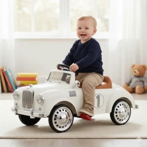Small electric ride-on car for young children with an easy-to-use foot pedal.