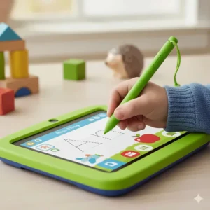 A VTech tablet featuring a 180-degree rotating camera lens being used to take a selfie.