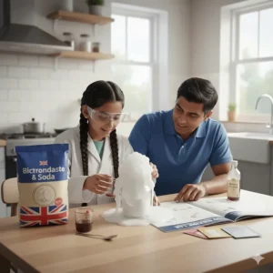 An illustration of common British kitchen items like bicarbonate of soda and vinegar used for safe chemical reactions.