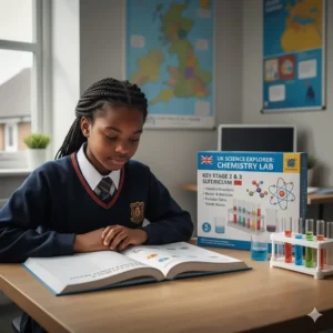 An illustration showing how a home chemistry set aligns with the UK Key Stage 2 and Key Stage 3 science national curriculum.
